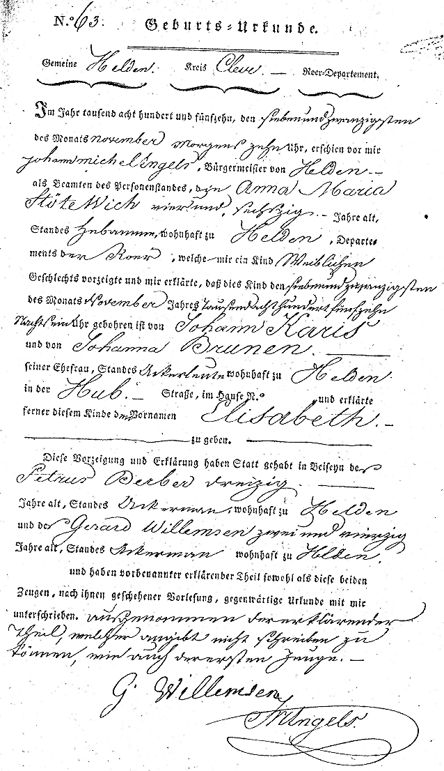 Scan of Birth Certificate of Elisabeth CARIS - 25 November 1815