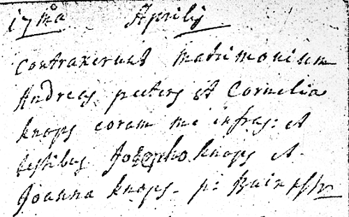 Scan of Marriage record of Andreas Peters and Cornelia Knops - 17 April 1760