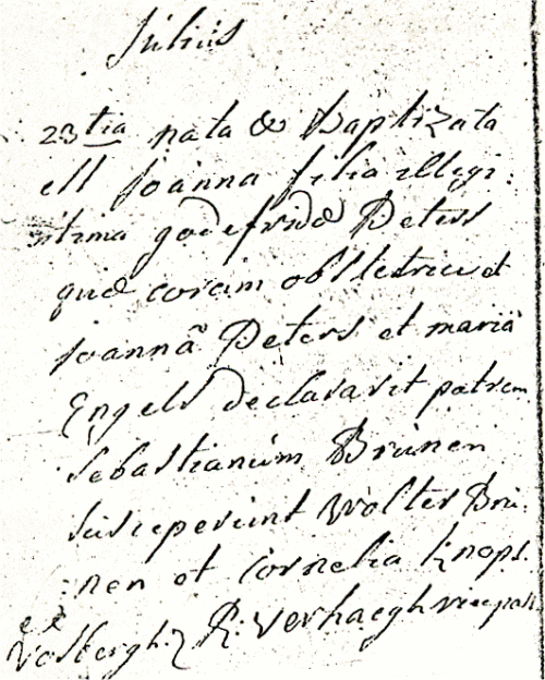 Scan of Birth and Baptism record of Joanna BRUNEN/BRUINEN - 23 July 1786