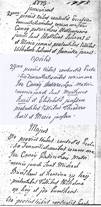 Scan of Marriage record of Martinus Caris and Elisabeth Janssen 29 April 1773