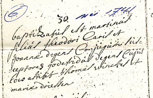 Scan of Baptism record of Martinus Caris  30 May 1741