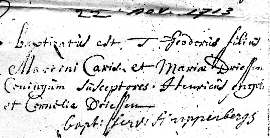 Scan of Baptism record of Theodoris Caris  22 November 1713