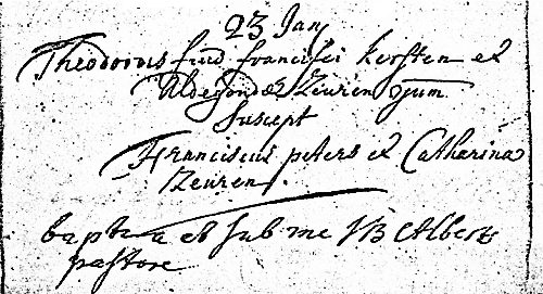 Scan of Baptism record of Theodorus Kersten 23 January 1758