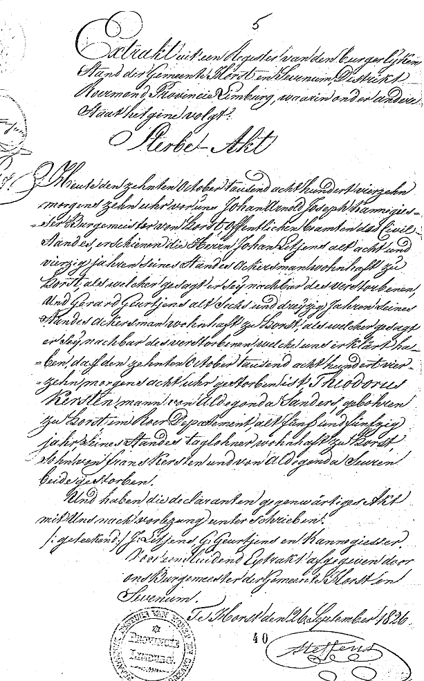 Scan of Extract of Death record of Theodorus KERSTEN - filed 26 September 1826