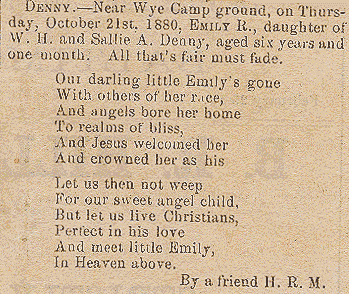 Newsclipping of obituary of Emily R. Denny with poem by Hester R. Mortgrage