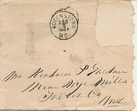 Scan of envelope that the marriage license of Richard T. Gardner and Hester Rebecca Mortgrage came in.