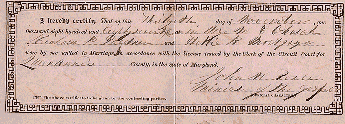 Scan of marriage license of Richard T. Gardner and Hester Rebecca Mortgrage