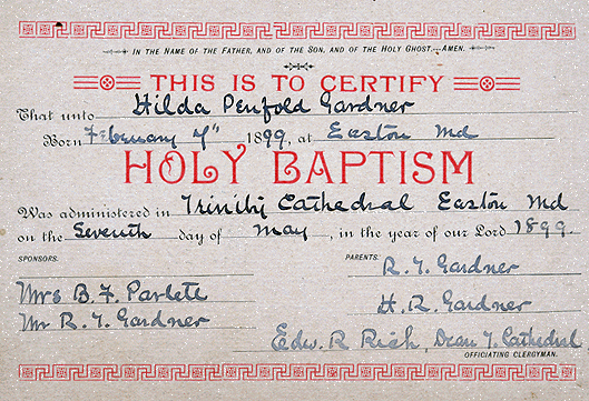 Scan of Baptism Certificate of Hilda Penfold Gardner
