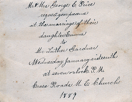 Scan of Wedding Invitation for Luther Gardner and Emma Price