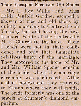 Newsclipping of wedding of L. Roy Willis and Hilda Penfold Gardner