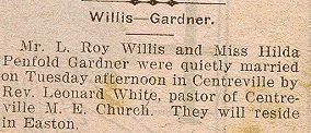 Newsclipping of wedding of L. Roy Willis and Hilda Penfold Gardner