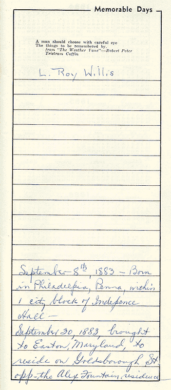 L. Roy Willis, Memory Book entry page 1