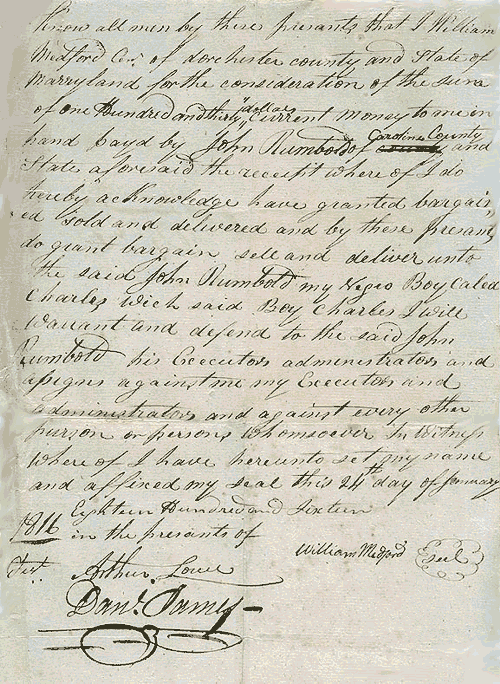 Scan of Bill of Sale William Medford to John Rumbold for Negro Boy Charles, 1816