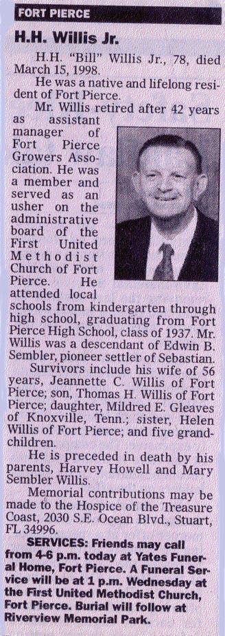 Newsclipping of obituary of H.H. 'Bill' Willis