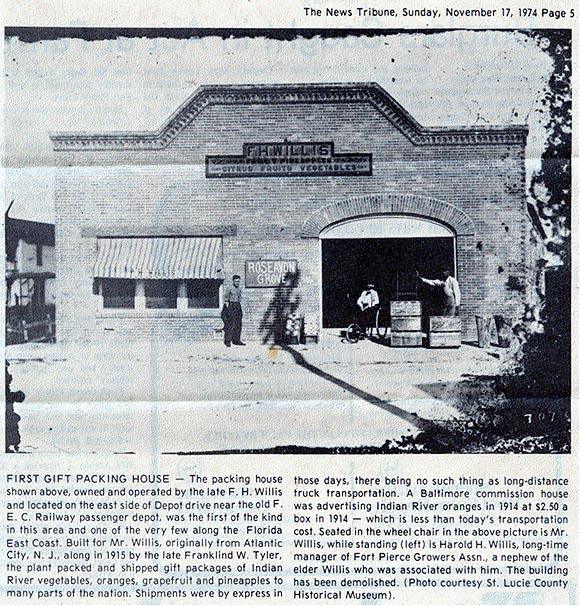 Newsclipping of picture of the F. H. Willis Gift Packing House in Fort Pierce, Florida about 1922