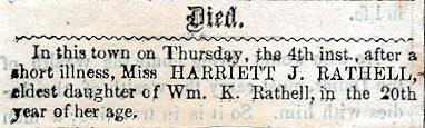 Newsclipping of obituary of Harriett J. Rathell