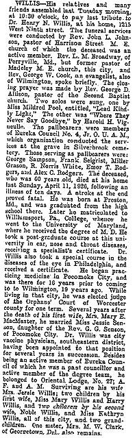 Newsclipping of obituary of Dr. Henry Noble Willis