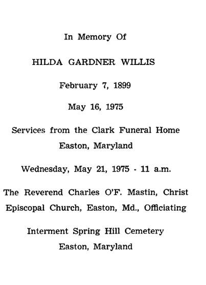 Rememberance card for Hilda Gardner Willis