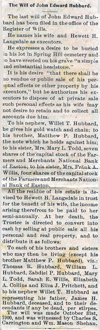 Newsclipping of Will of John Edward Hubbard