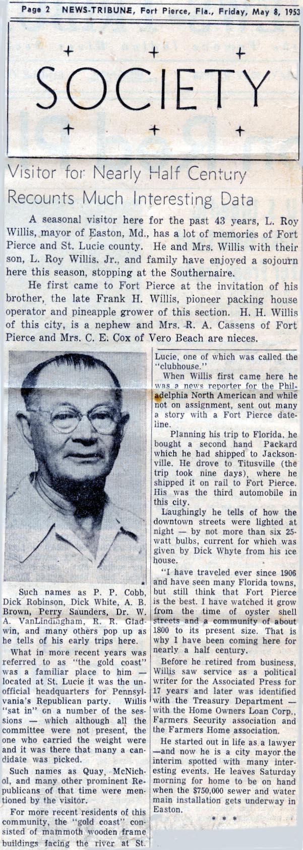 Newsclipping of L. Roy Willis visit to Fort Pierce, Florida