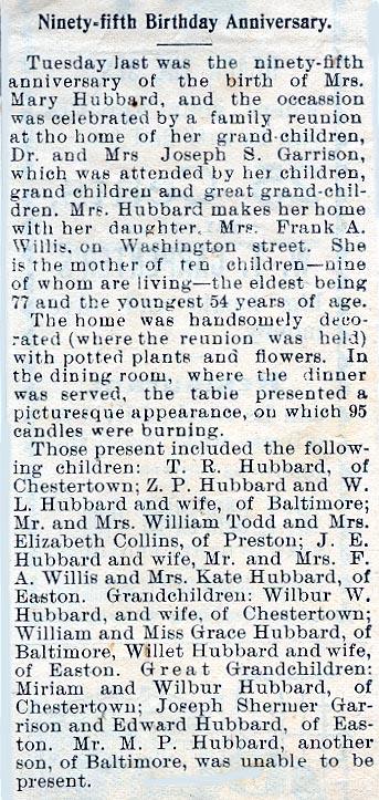 Newsclipping of the 95th Birthday of Mary Rumbold Hubbard