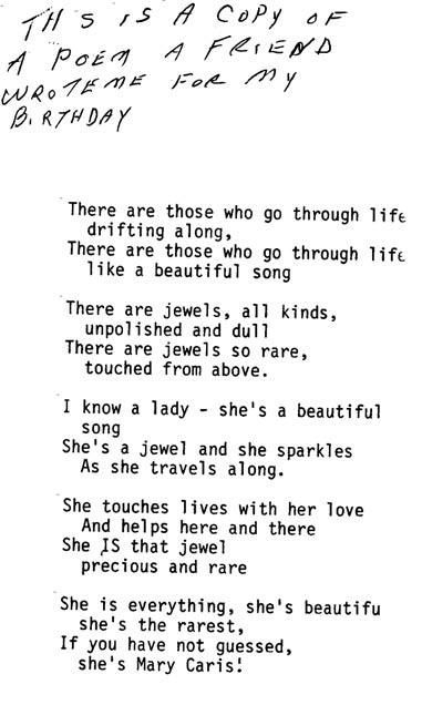 Original poem written for Mary Caris birthday