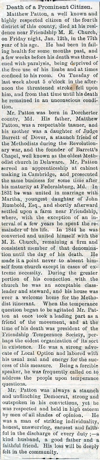 Newsclipping of obituary of Matthew Patton