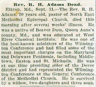 Newsclipping of obituary of Rev. R. H. Adams