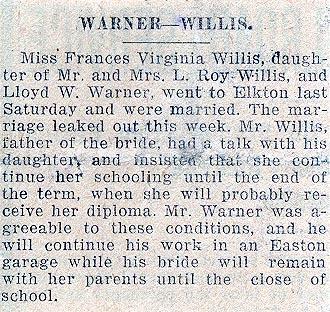 Newsclipping of wedding of Francis Virginia Willis to Lloyd Warner