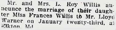 Newsclipping of wedding of Francis Virginia Willis to Lloyd Warner