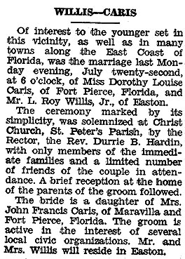 Newsclipping of wedding of L. Roy Willis, Jr. to Dorothy Louise Caris