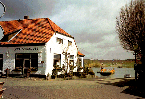 Picture of the Veerhuis showing the ferry for which it is named,, Broekhuizen, Limburg, Netherlands