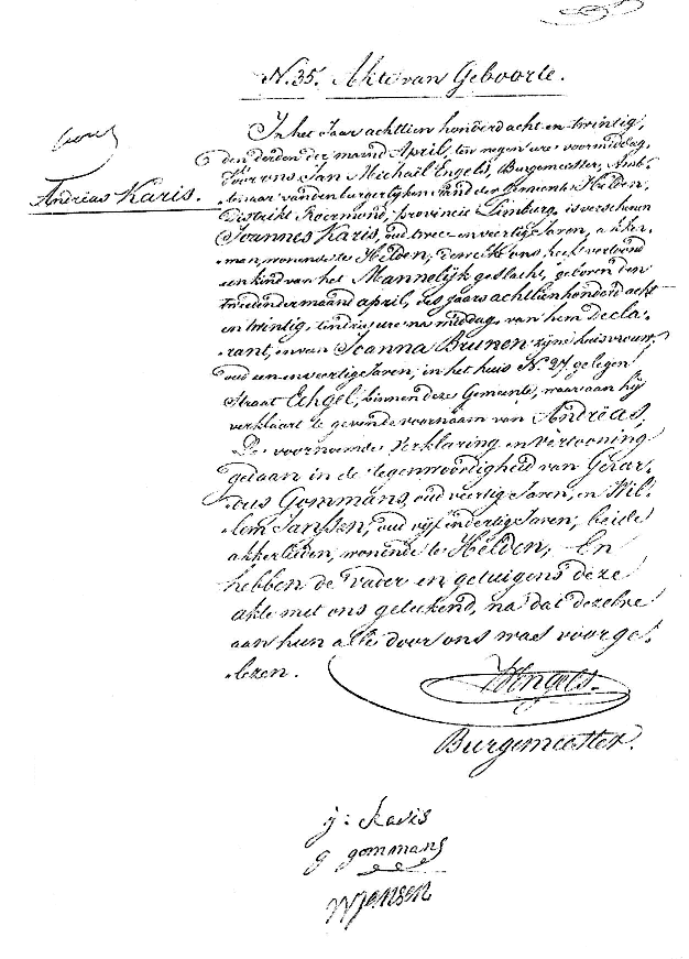 Scan of Birth Certificate of Andreas Caris 2 April 1828