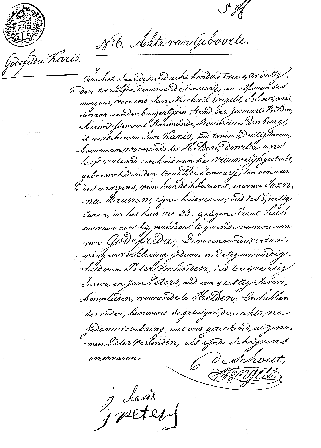 Scan of Birth Certificate of Godefrida Caris 12 January 1822