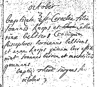 Scan of Baptism record of Cornelia Knops 3 October 1734