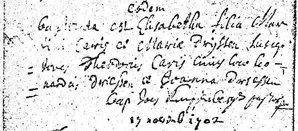 Scan of Baptism record of Elisabetha Caris  14 November 1702