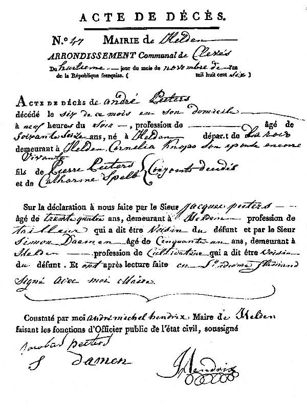 Scan of Death record of Andr PEETERS - 8 November 1806
