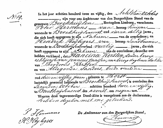 Scan of Death record of Francina KERSTEN - 7 October 1852