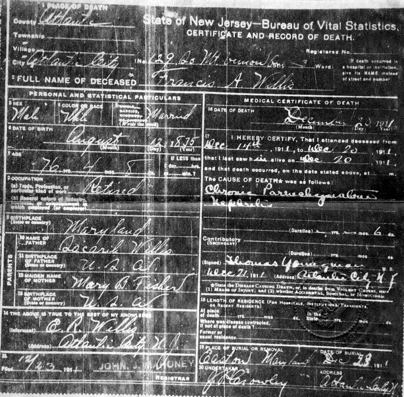 Francis A. Willis Death Certificate