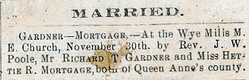 Newsclipping of Marriage of Richard Thomas Gardner and Hester Rebecca Mortgage