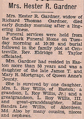 Newsclipping of obituary of Hester R. Gardner