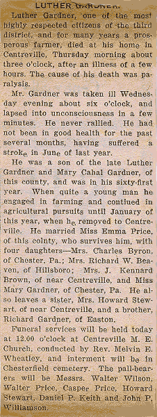 Newsclipping of obituary of Luther Gardner