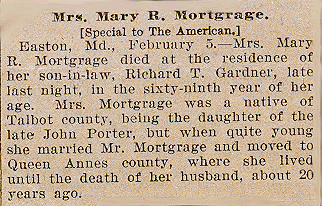 Newsclipping of obituary of Mary Rebecca Porter Mortgrage