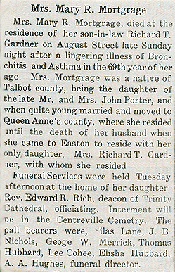 Newsclipping of obituary of Mary Rebecca Porter Mortgrage
