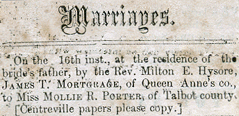Newsclipping of Marriage of James Thomas Mortgage and Mary Rebecca Porter