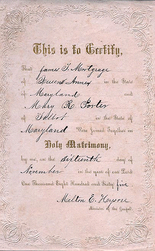 Scan of marriage certificate of James T. Mortgrage and Mary Rebecca Porter