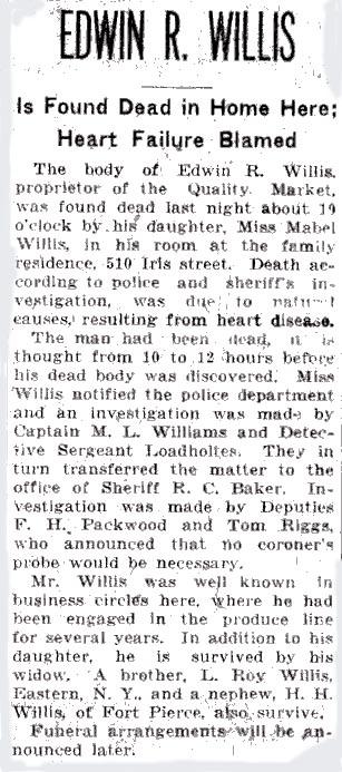 Newsclipping of obituary of Edwin R. Willis