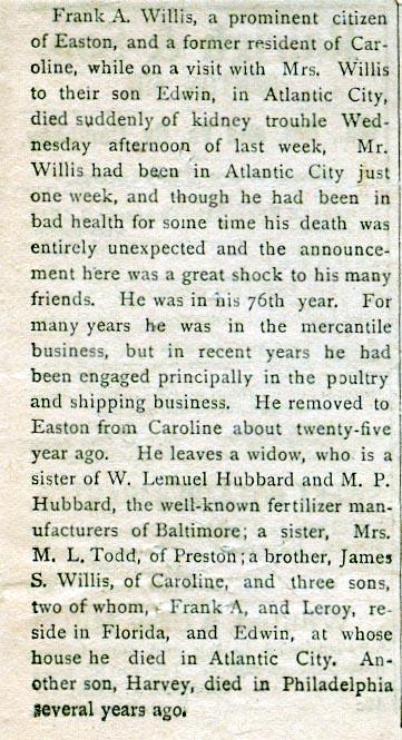 Newsclipping of obituary of Francis A. Willis