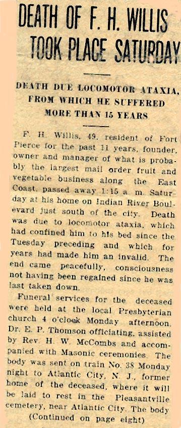 Newsclipping of obituary of Frank H. Willis