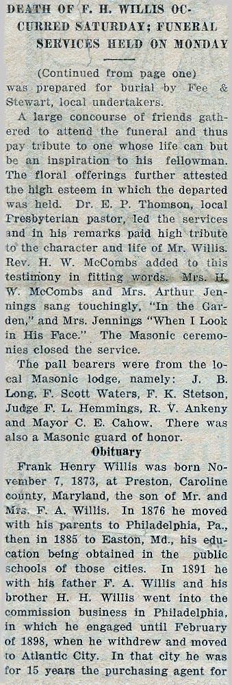 Newsclipping of obituary of Frank H. Willis
